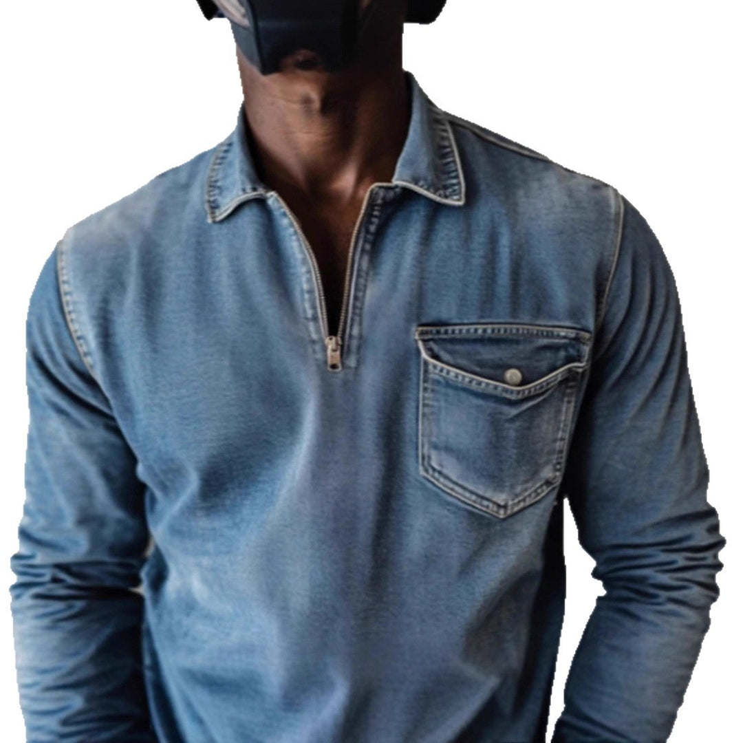 Herren Jeanshemd mit kurzem Reißverschluss und Brusttasche Echoarchiv