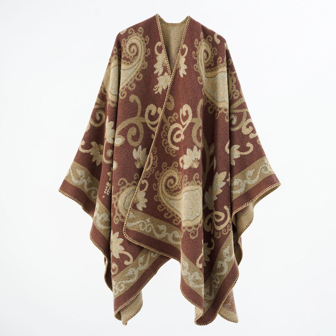 Damen Jacquard-Wollmix-Poncho mit Paisley‑Jacquard und offenem Kimono‑Fall – Montévia