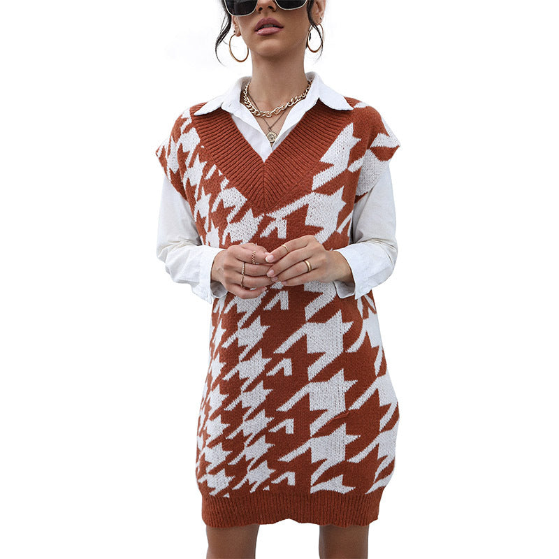 Damen Longline Strick‑Tunikaweste mit Hahnentritt‑Jacquard und tiefem V‑Ausschnitt Echoarchiv