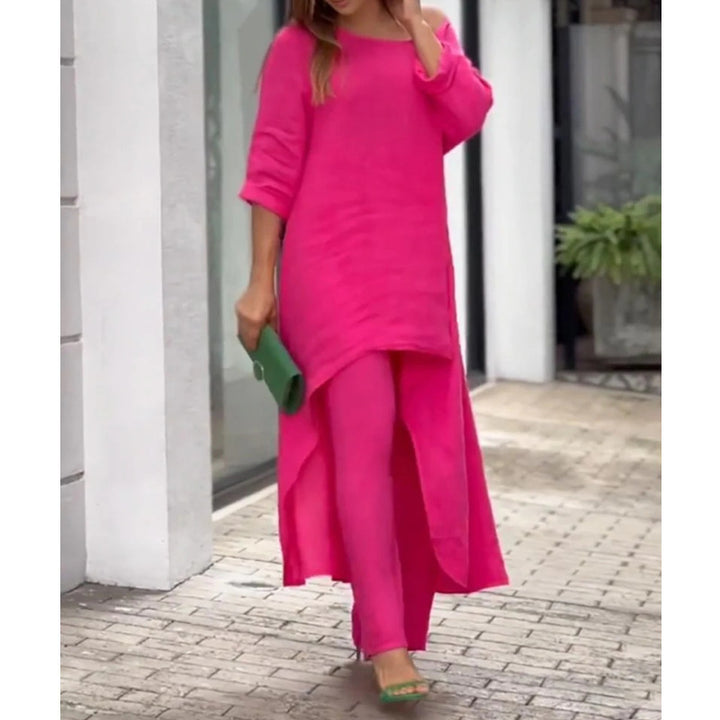 Damen Leichtes Leinen-Zweiteiler mit asymmetrischer High-Low-Tunika und weiter Palazzo-Hose Echo Archiv
