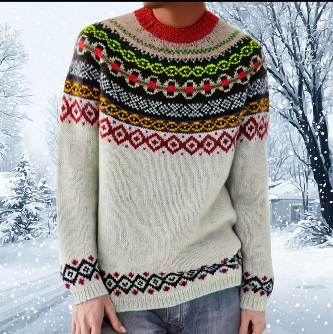 Damen nan melierter Rundhalsausschnittpullover mit kreisförmigem Jacquard-Yoke und geripptem Saum Echo Archiv