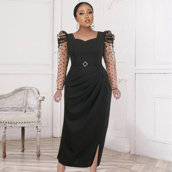 Damen elegantes Midi-Kleid mit transparenten Puffärmeln und zartem Rüschenakzent Echo Archiv