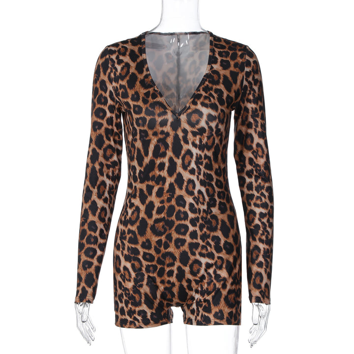 Damen stylischer Leopardenmuster Bodysuit mit V-Ausschnitt und langen Ärmeln Echo Archiv