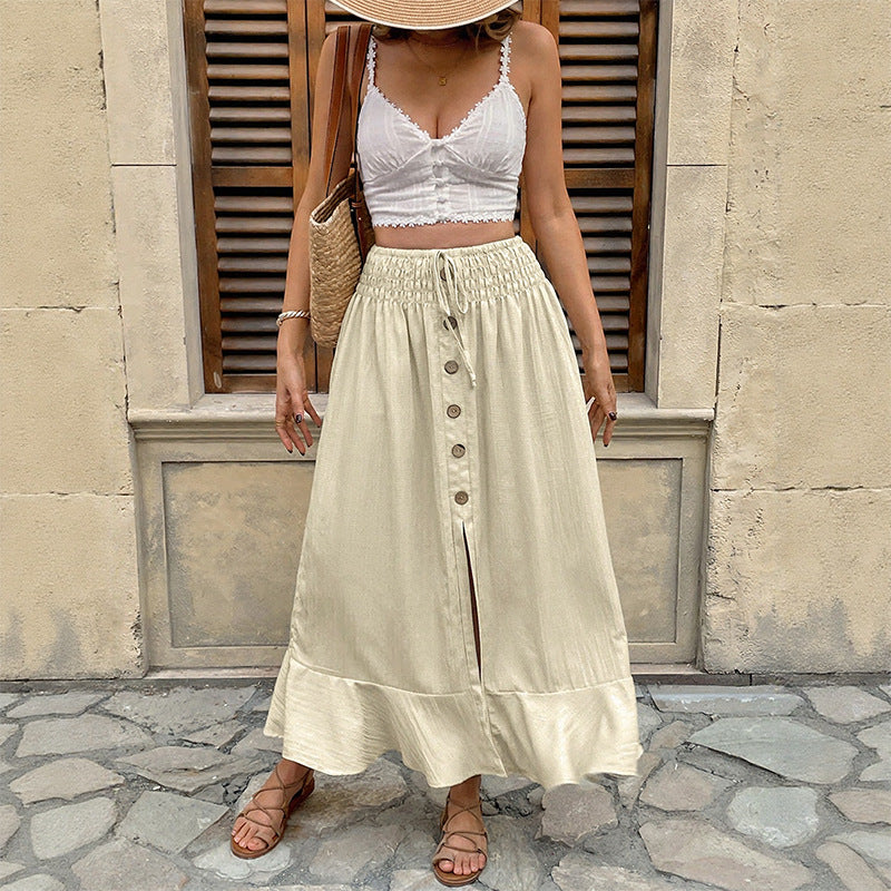 Damen Sommerlicher Maxirock mit Smockbund, durchgehender Knopfleiste, Seitenschlitz und Volant Echoarchiv