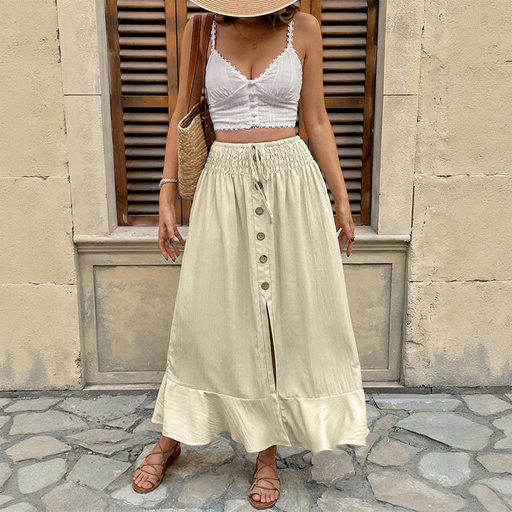 Damen Sommerlicher Maxirock mit Smockbund, durchgehender Knopfleiste, Seitenschlitz und Volant Echoarchiv