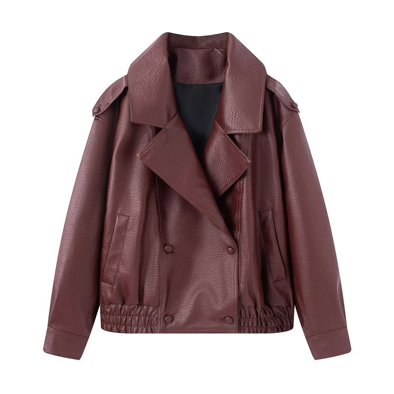 Damen kurzer Oversize Kunstleder-Blouson mit Schalkragen, Druckknopf-Doppelreihe und elastischem Saum – Célinea