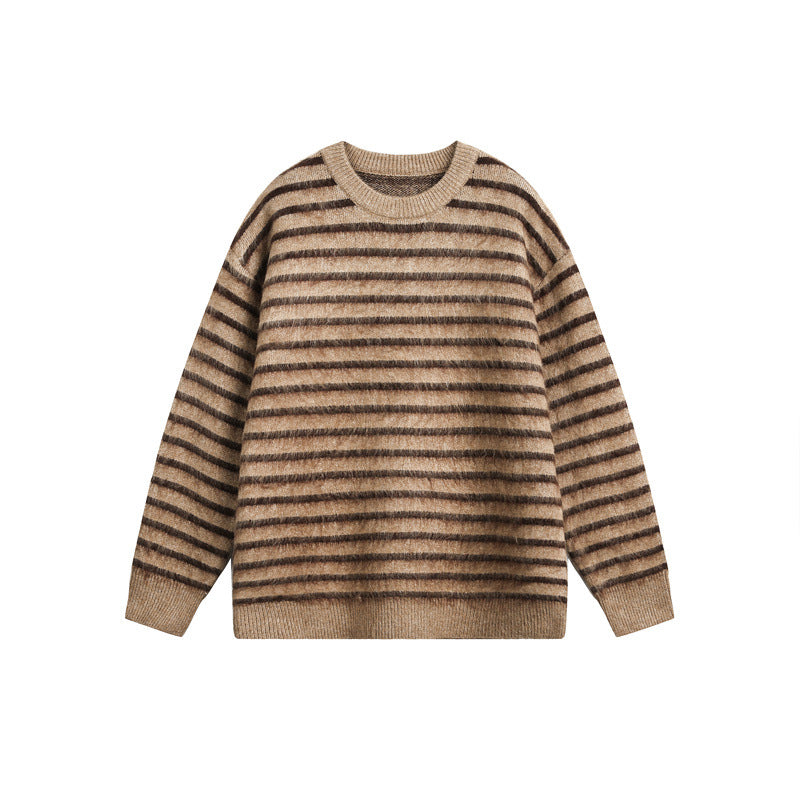 Unisex Oversize Gestreifter Flauschpullover mit Rundhalsausschnitt Echoarchiv