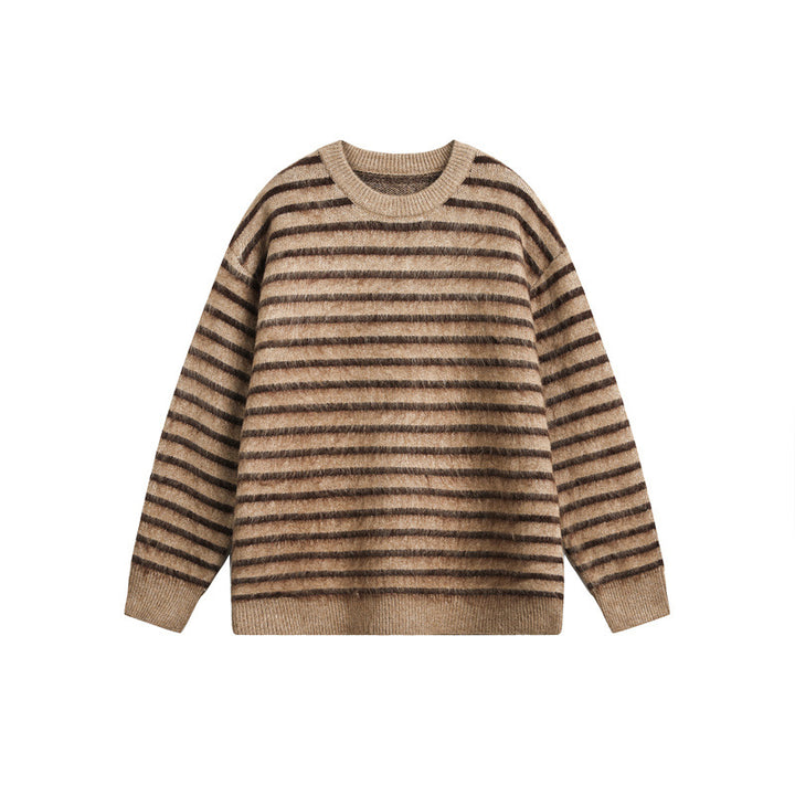 Unisex Oversize Gestreifter Flauschpullover mit Rundhalsausschnitt Echoarchiv