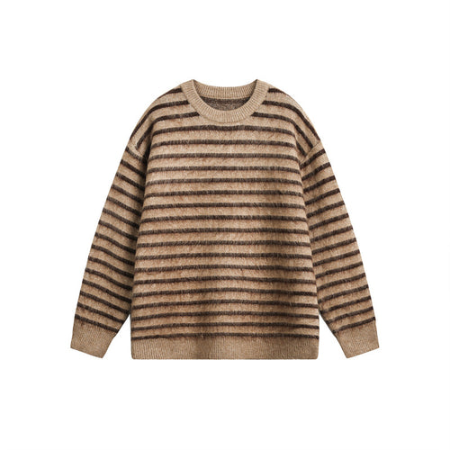 Unisex Oversize Gestreifter Flauschpullover mit Rundhalsausschnitt Echoarchiv