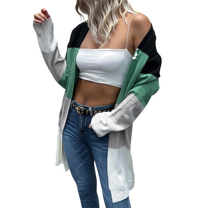 Damen Longline Strickcardigan mit Farbblockmuster, offener Front und lässiger Oversize‑Passform Echoarchiv