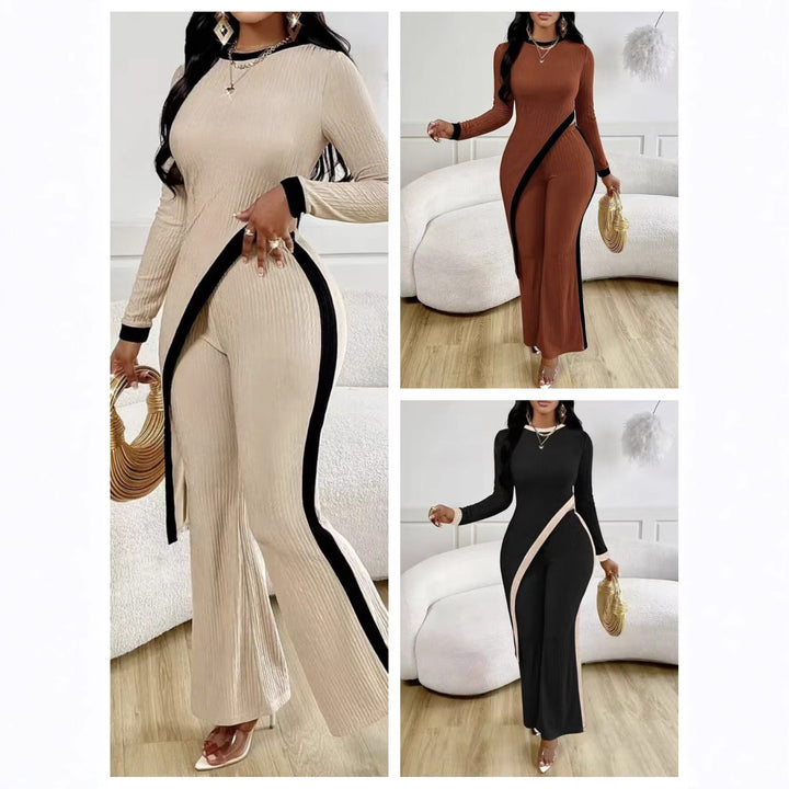 Damen nan eleganter Rippen-Jumpsuit mit asymmetrischer Wickeloptik, taillierendem Cut-Out und kontrastierenden Seitenstreifen Echo Archiv