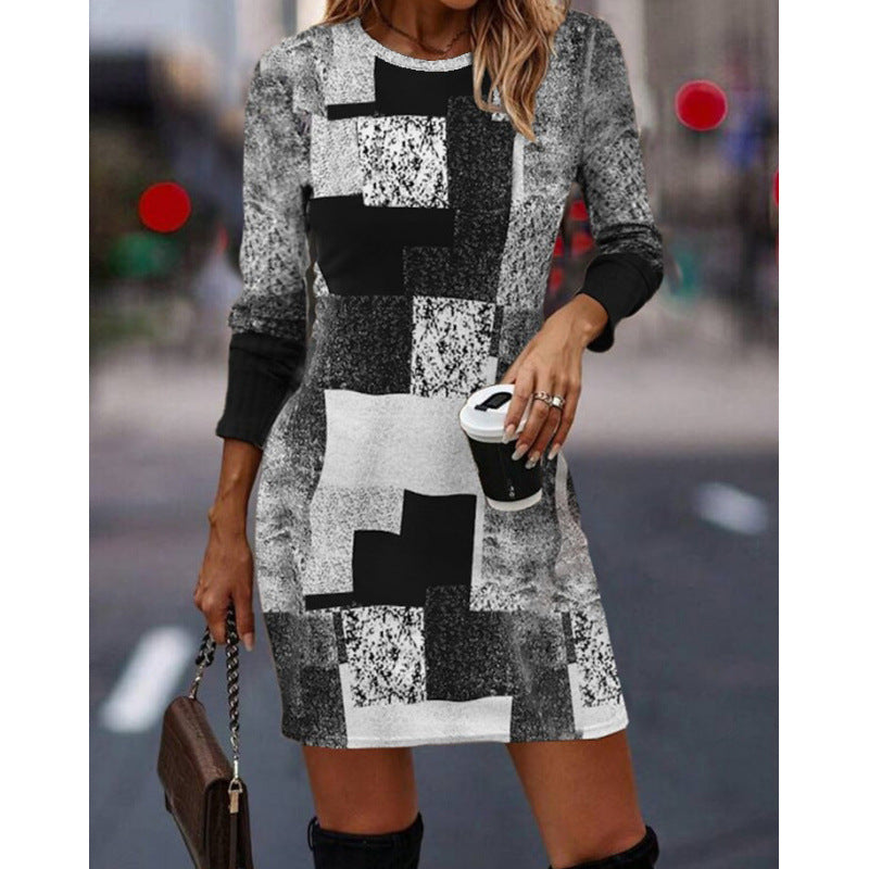 Damen Strickkleid mit modernem geometrischen Muster und langen Ärmeln Echoarchiv