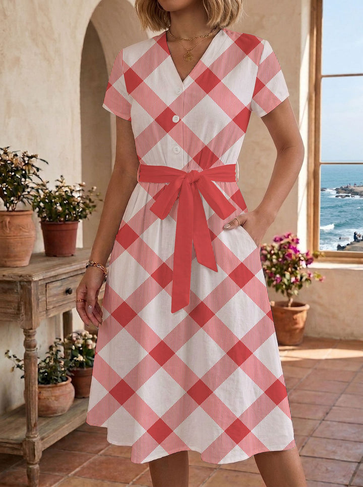 Damen lässiges Maxikleid mit taillierbarem Knoten und dekorativem Karomuster Echo Archiv