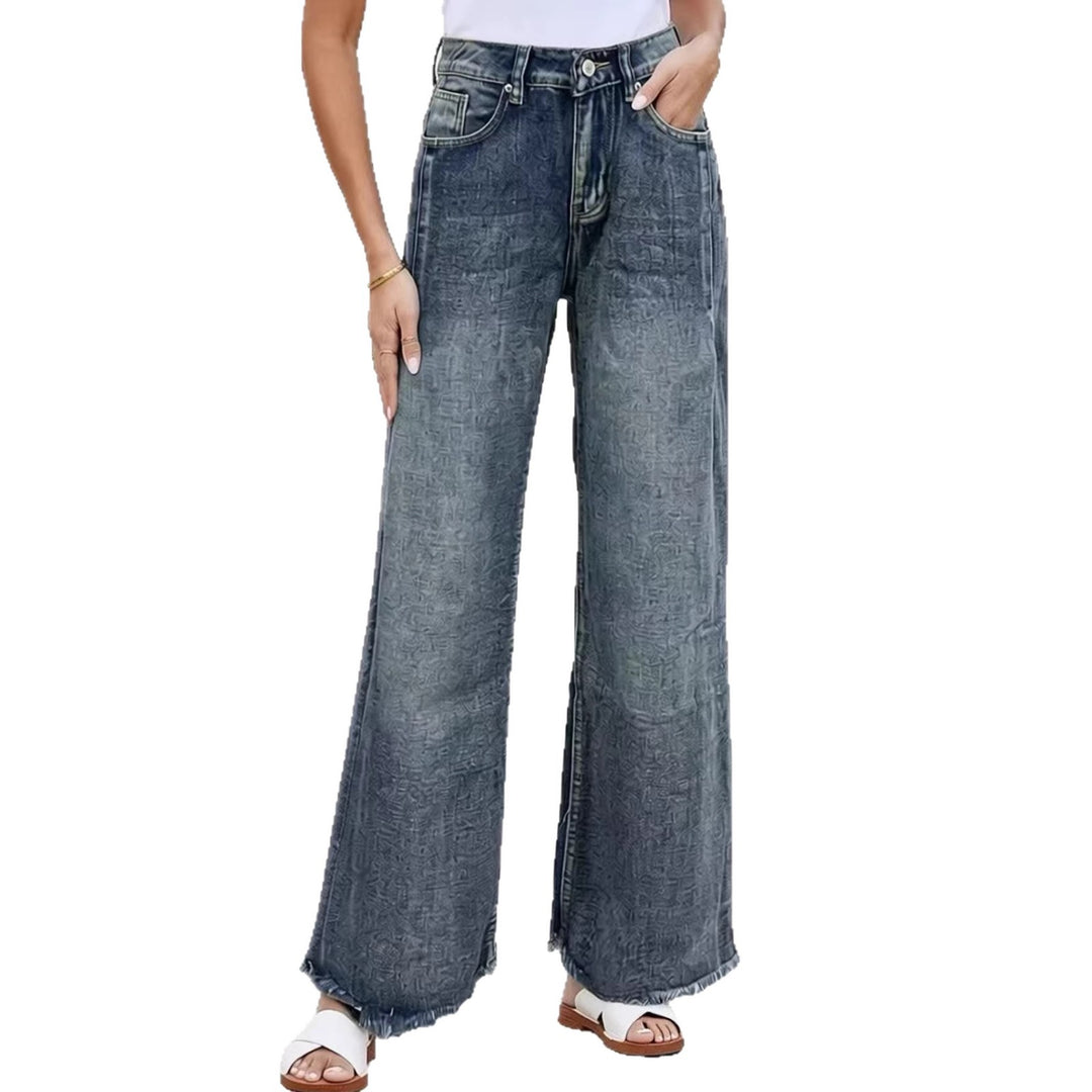 Damen weite Denim-Jeans mit kreativem Muster und fransigem Saum Echo Archiv