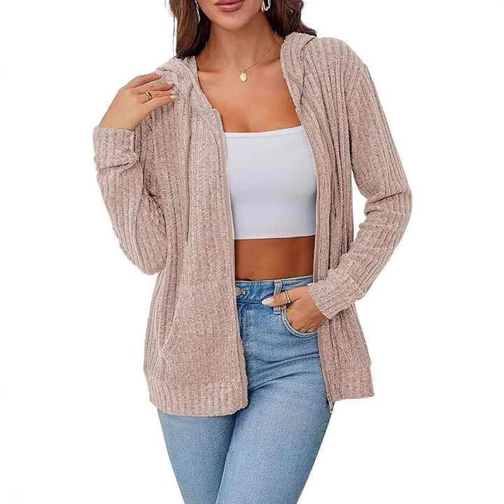 Damen Strick-Kapuzenjacke mit Reißverschluss, Waffelstruktur und Eingrifftaschen – Auréline