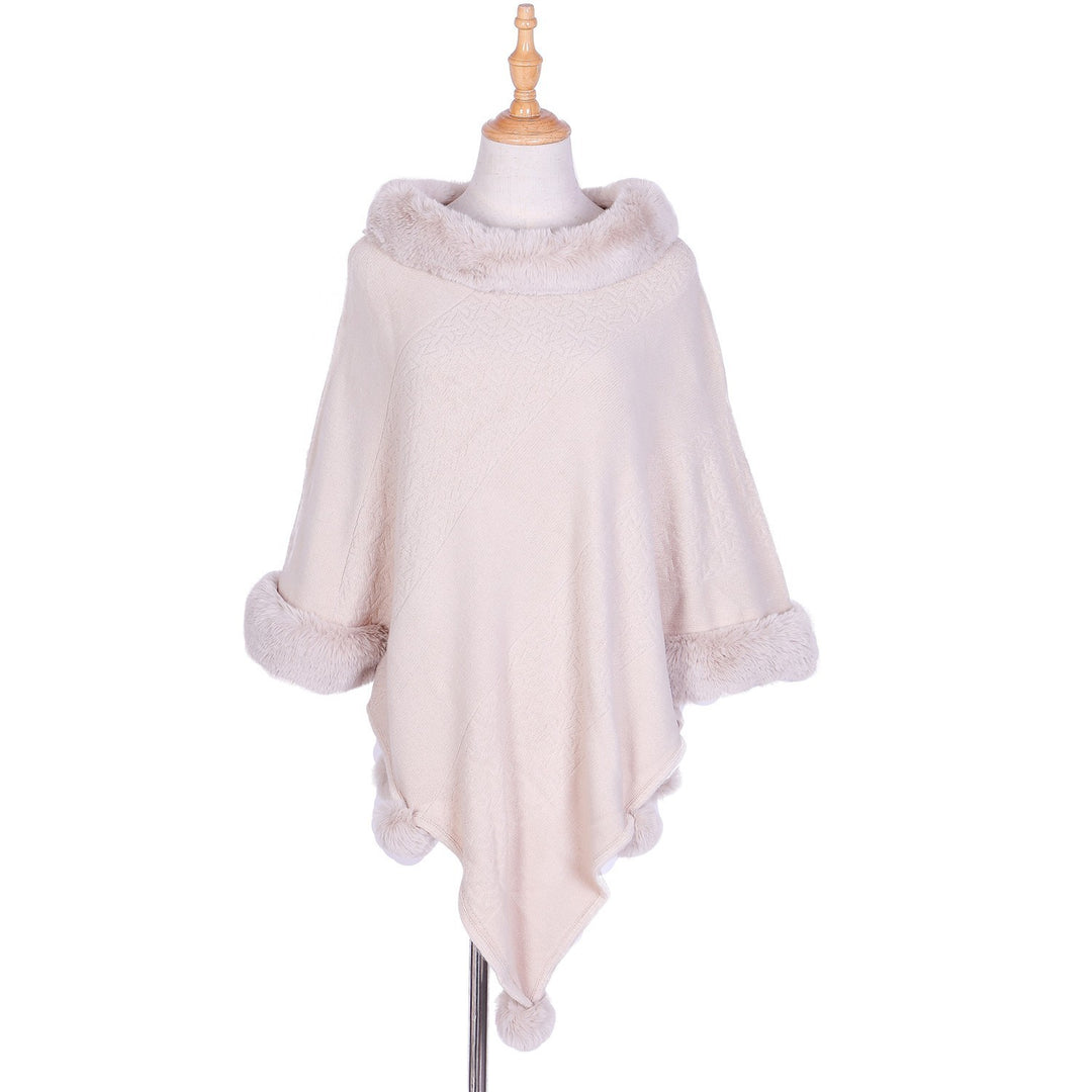 Damen Ruana-Poncho mit Kunstfellbesatz, Kaschmir-Touch und Bommel-Saum – Célinea