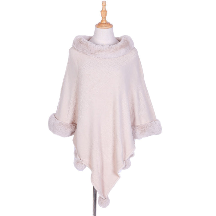 Damen Ruana-Poncho mit Kunstfellbesatz, Kaschmir-Touch und Bommel-Saum – Célinea