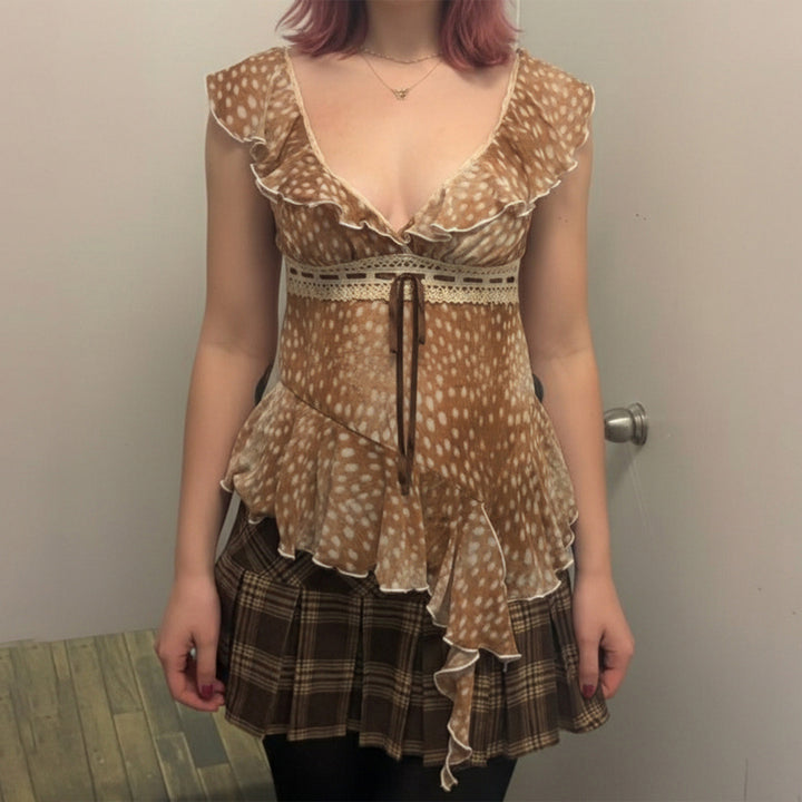 Damen asymmetrisches Sommerkleid mit Rüschen und Spitzenakzenten Echo Archiv