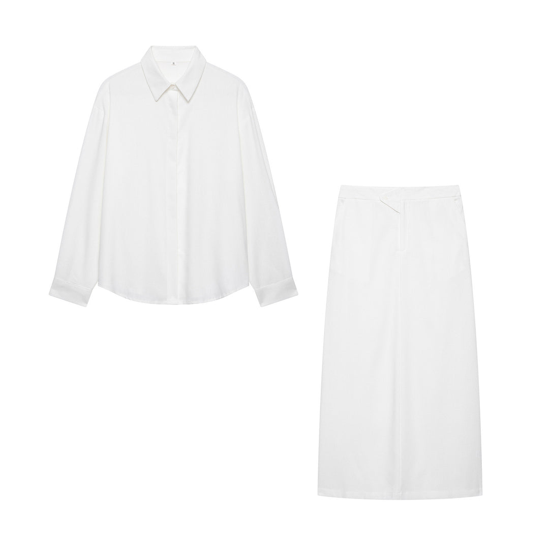 Damen Zweiteiliges Hemdblusen- und Midirock-Set mit verdeckter Knopfleiste Echo Archiv