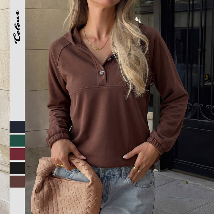 Damen Kapuzenbluse mit raglanärmeln, zweifacher Knopfleiste und elastischem Saum Echoarchiv