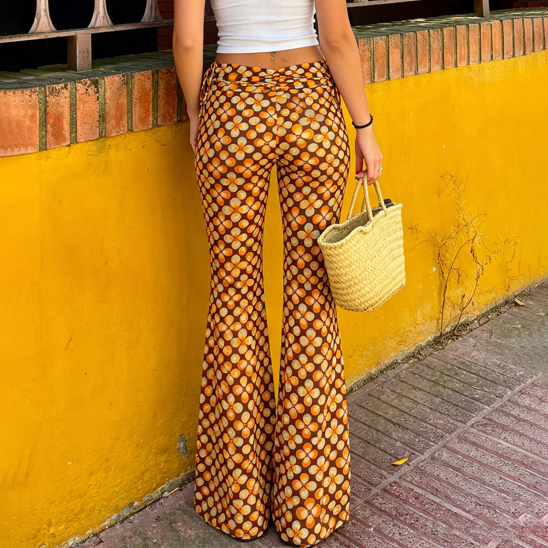 Damen nan ausgestellte Schlaghose mit hoher Taille, seitlichen Kordelzügen und retro Blumenprint Echo Archiv
