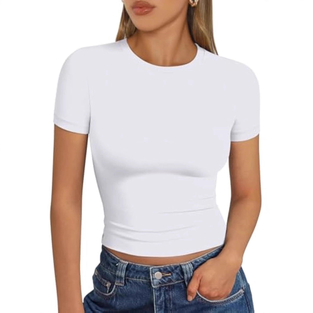 Damen figurbetontes Kurzarmshirt aus elastischem Material Echo Archiv