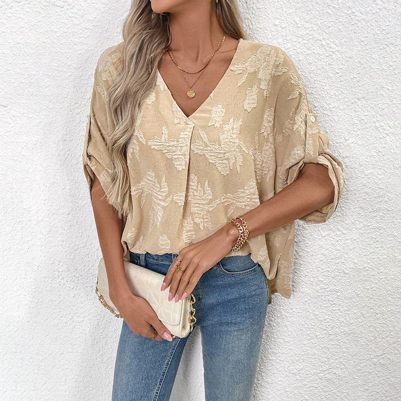 Damen leichte Oversize V-Neck Bluse mit strukturiertem Jacquardmuster und krempelbaren Ärmeln Echoarchiv