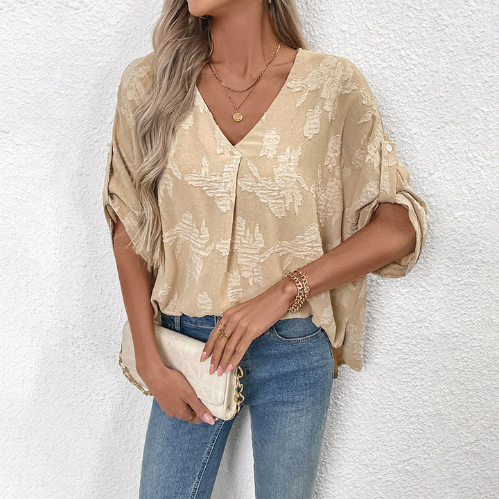 Damen leichte Oversize V-Neck Bluse mit strukturiertem Jacquardmuster und krempelbaren Ärmeln Echoarchiv