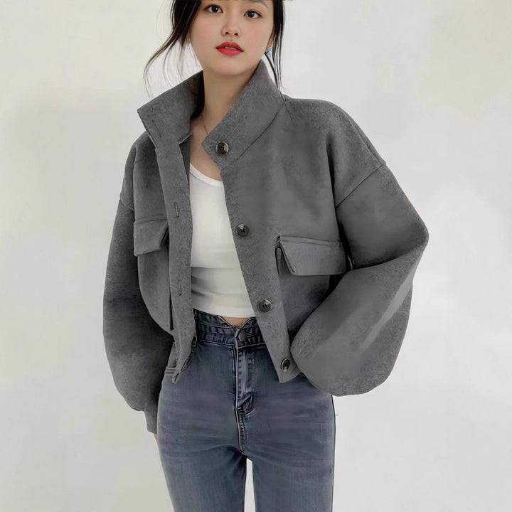 Damen Kurze Oversize-Wolloptik-Jacke mit Stehkragen und Ballonärmeln – Célinea
