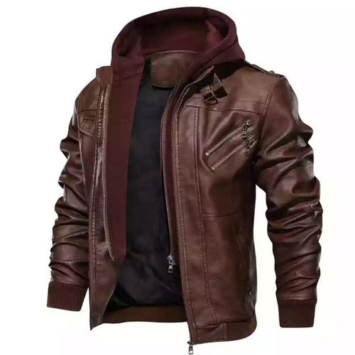 Herren Kapuzen-Lederimitatjacke im Bikerstil mit Reißverschlusstaschen und gerippten Bündchen Echoarchiv