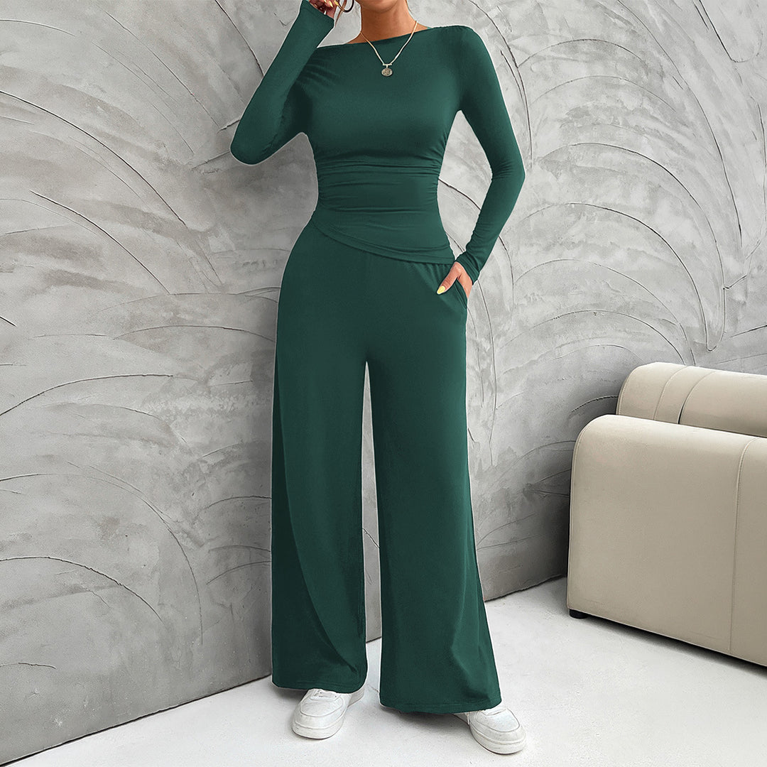 Damen nan zweiteiliges Jersey-Set mit asymmetrischer Wickeloptik, Langarmtop und weiter High‑Waist‑Hose Echo Archiv