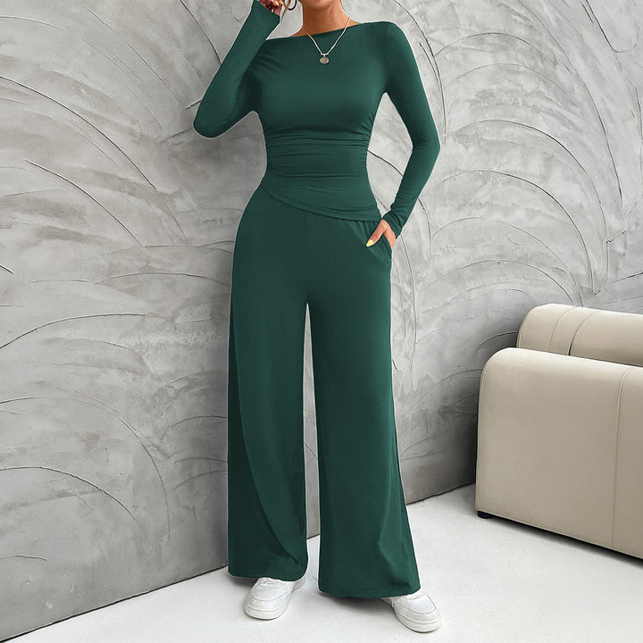 Damen nan zweiteiliges Jersey-Set mit asymmetrischer Wickeloptik, Langarmtop und weiter High‑Waist‑Hose Echo Archiv