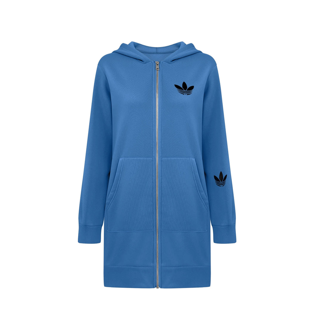 Damen Lange Kapuzen-Sweatjacke mit Metallreißverschluss, Kängurutaschen und figurumspielender Silhouette Echoarchiv