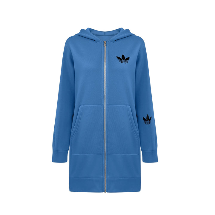 Damen Lange Kapuzen-Sweatjacke mit Metallreißverschluss, Kängurutaschen und figurumspielender Silhouette Echoarchiv