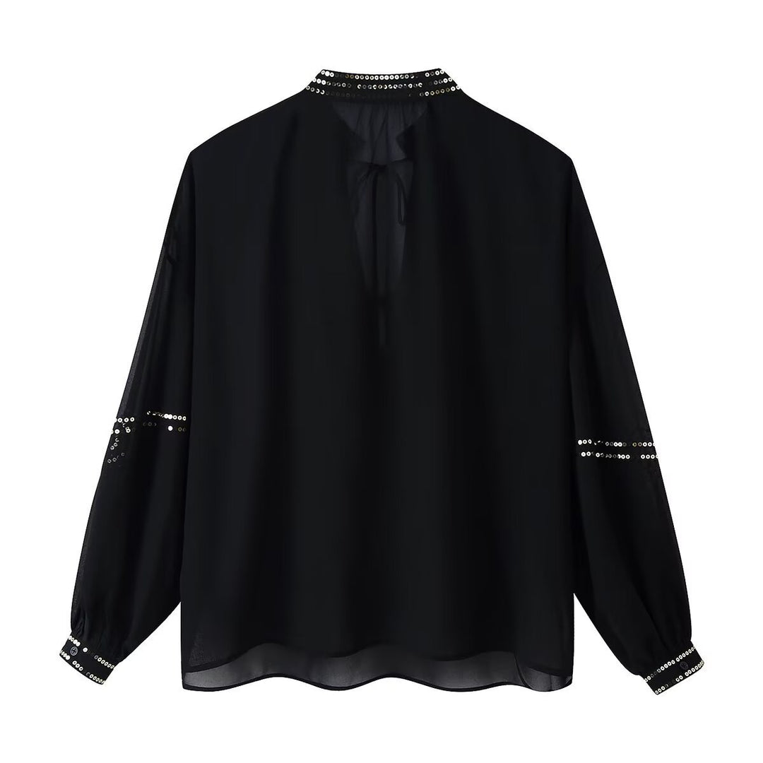 Damen Chiffonbluse mit Paillettenbesatz, Ballonärmeln und Bindekragen Echo Archiv