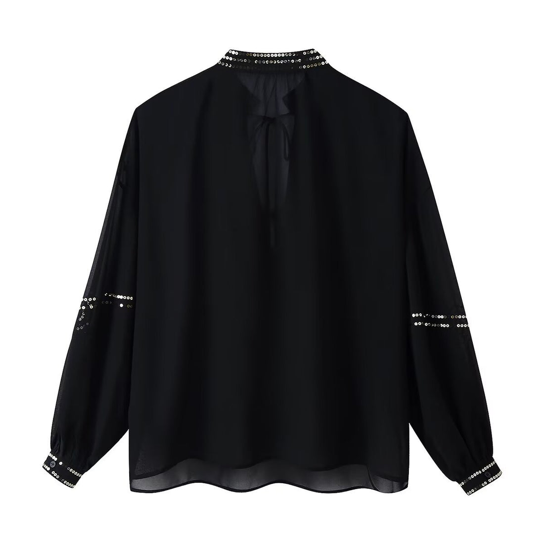 Damen Chiffonbluse mit Paillettenbesatz, Ballonärmeln und Bindekragen Echo Archiv