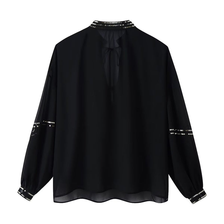 Damen Chiffonbluse mit Paillettenbesatz, Ballonärmeln und Bindekragen Echo Archiv