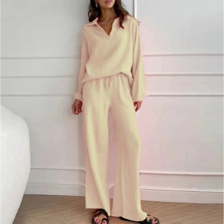 Damen Leichtes Crinkle-Lounge-Set mit V-Ausschnitt und weiter High-Waist-Hose Echo Archiv