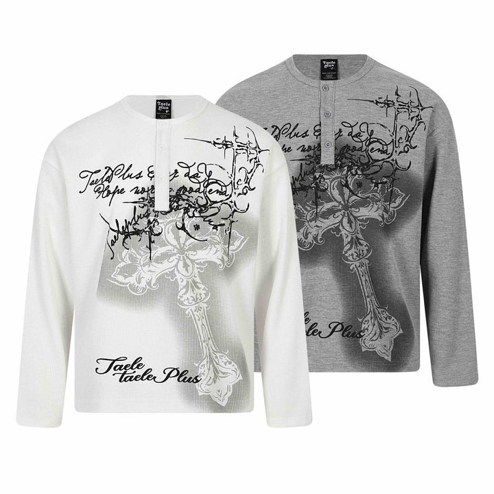 Herren Langarm-Henleyshirt mit Waffelstruktur, Knopfleiste und großflächigem Grafikprint Echoarchiv