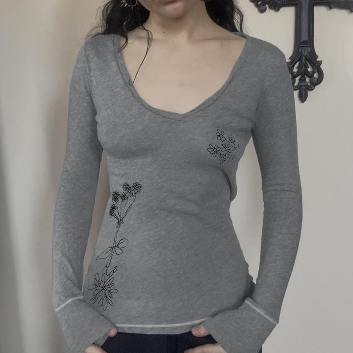 Damen Langärmeliges V-Ausschnitt-Shirt mit feiner Blumenstickerei – Maréline