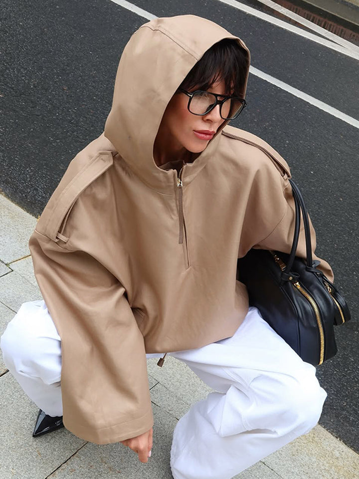 Damen Oversize Kapuzen-Pulloverjacke mit halbem Reißverschluss und Schulterpasse Echoarchiv