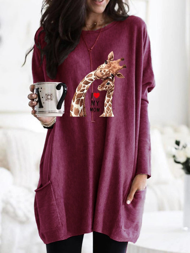 Frauen Übergroße Sweatkleid mit Giraffenmuster, Rundhalsausschnitt und Seitentaschen Echoarchiv