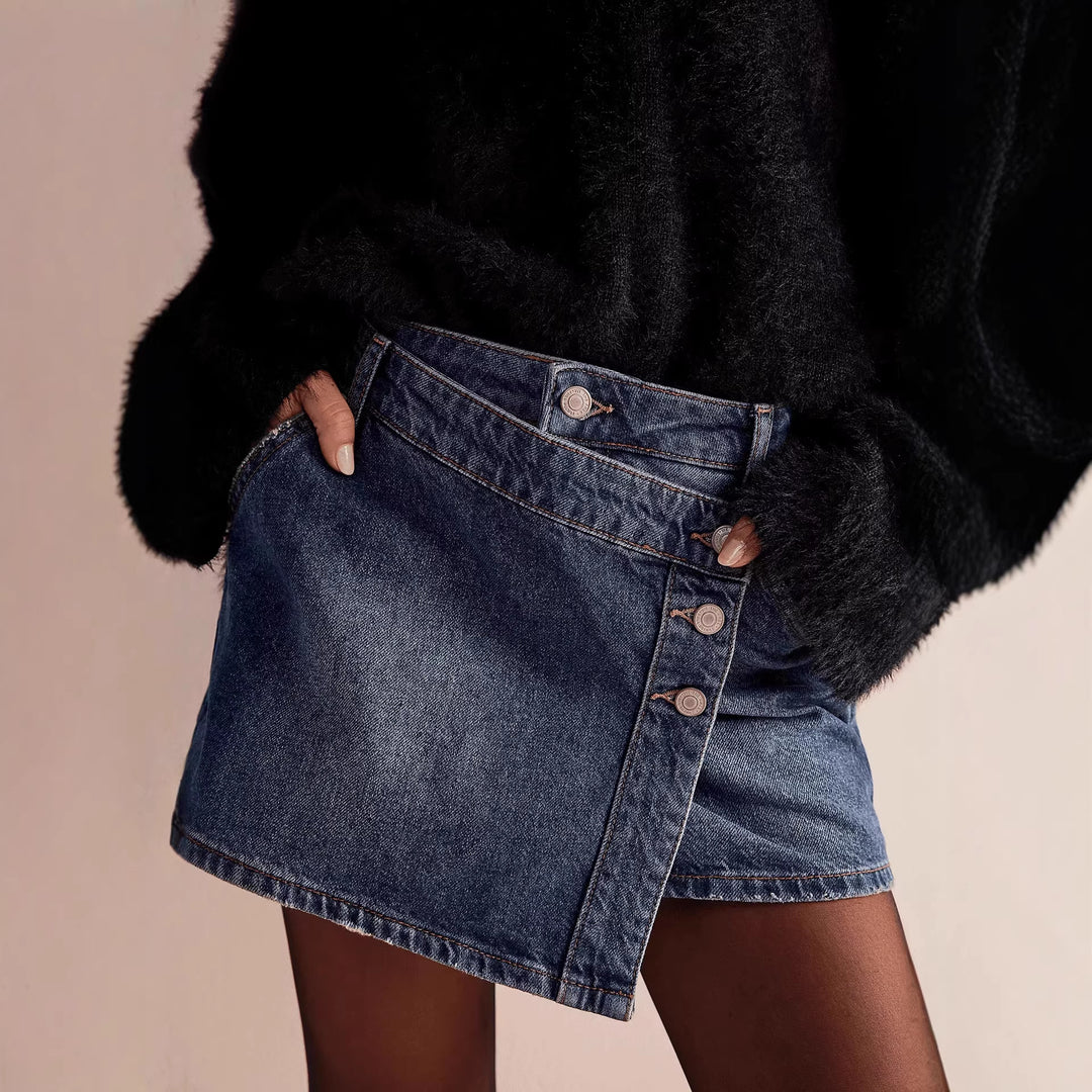 Damen modischer A-Linien-Denimrock mit asymmetrischem Knopfdesign und praktischen Taschen Echo Archiv