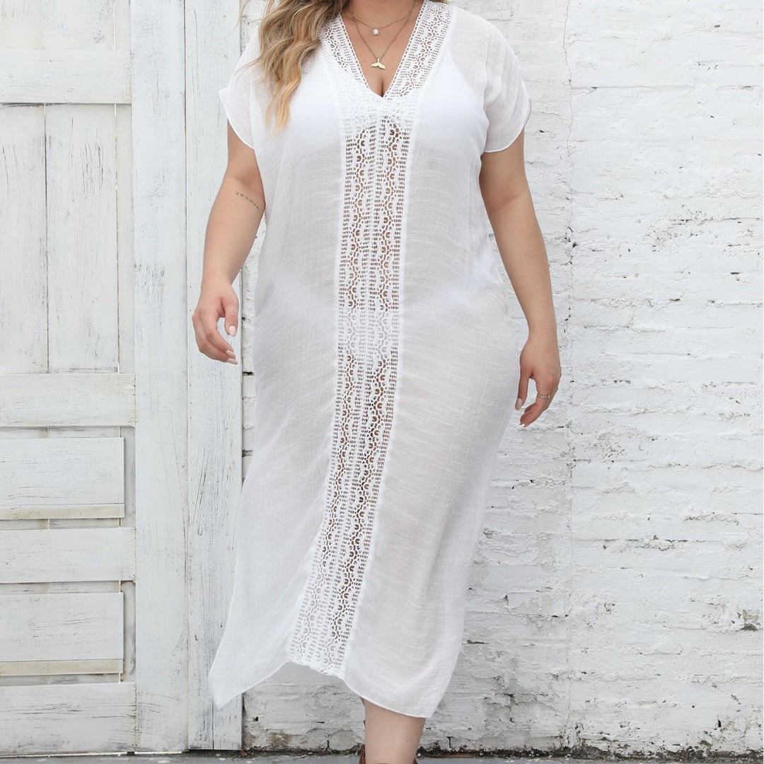 Damen eleganter Maxi-Kaftan mit großzügigem V-Ausschnitt und filigranen Häkelakzenten Echo Archiv