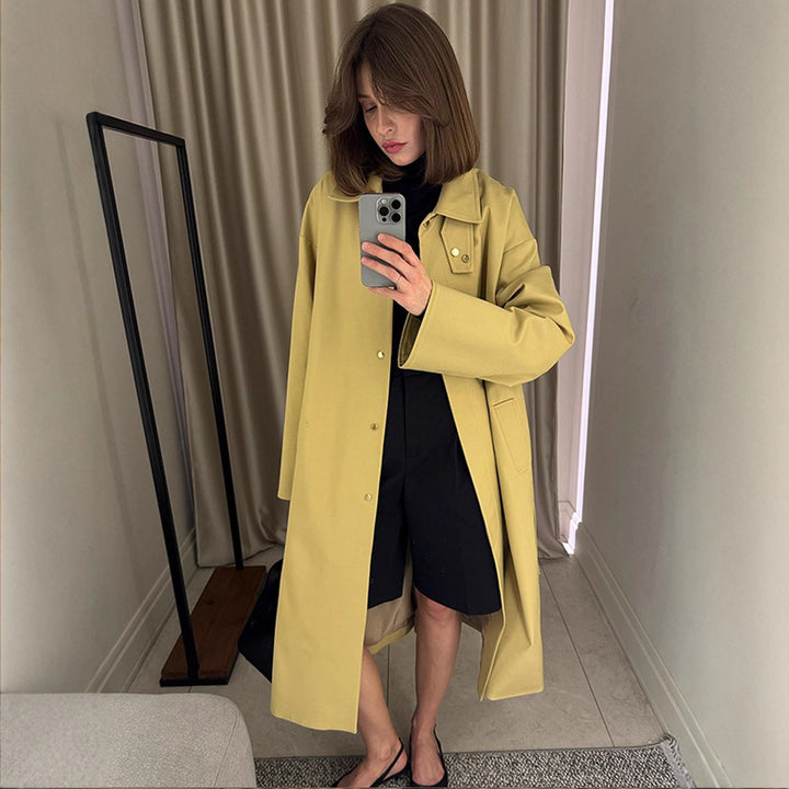 Damen Maxilanger Oversize-Trenchcoat mit Stehkragen und verdeckter Druckknopfleiste Echoarchiv