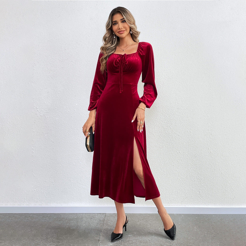 Damen elegantes Samt-Midikleid mit Binddetail am Bustier, taillierter Schnitt und seitlichem Oberschenkelschlitz – Élara
