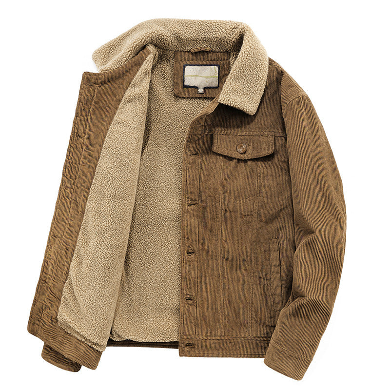 Herren Kord-Workerjacke mit durchgehendem Teddyfutter, Hemdkragen und Brusttasche Echoarchiv