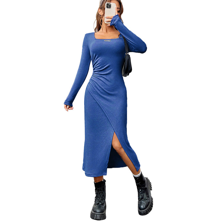 Damen figurbetontes Wickel‑Midikleid mit eckigem Ausschnitt, asymmetrischem Seitenschlitz und taillierender Raffung – Élara