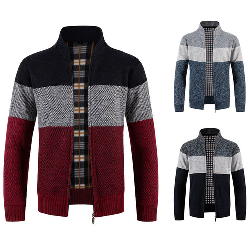 Herren Gestrickte Zip-Strickjacke mit Stehkragen und kariert gefütterter Innenlage Echo Archiv
