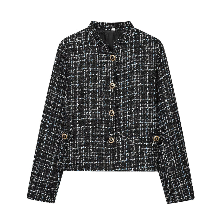 Damen Bouclé‑Tweed‑Cropped‑Jacke mit Stehkragen und goldfarbenen Schmuckknöpfen Echoarchiv